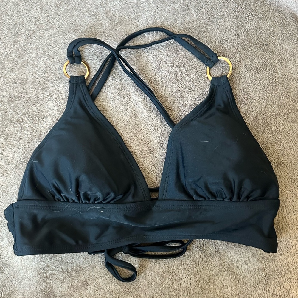 Black Bikini Top with Gold Ring Accents and Strappy Halter back